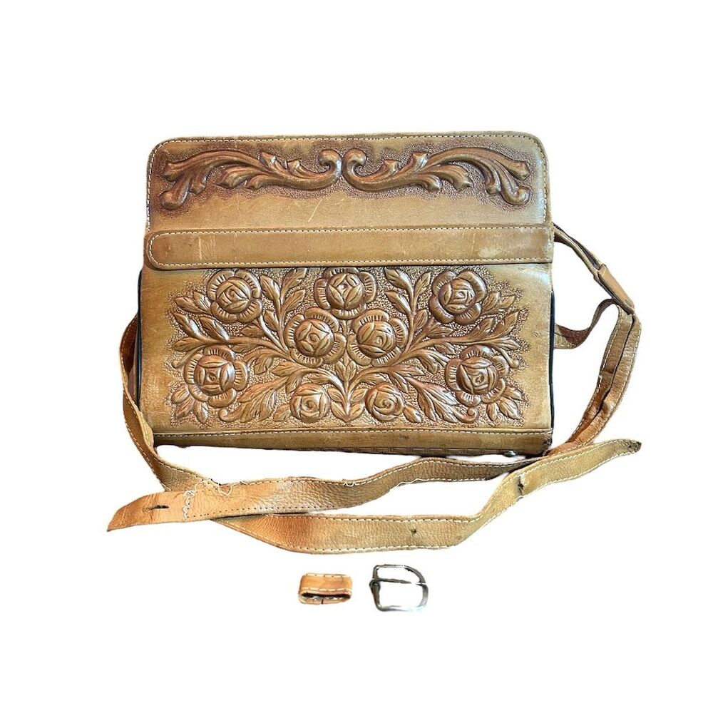 Vintage 80s Mont-Abur Tooled Leather Shoulder Bag Brown Floral Pattern